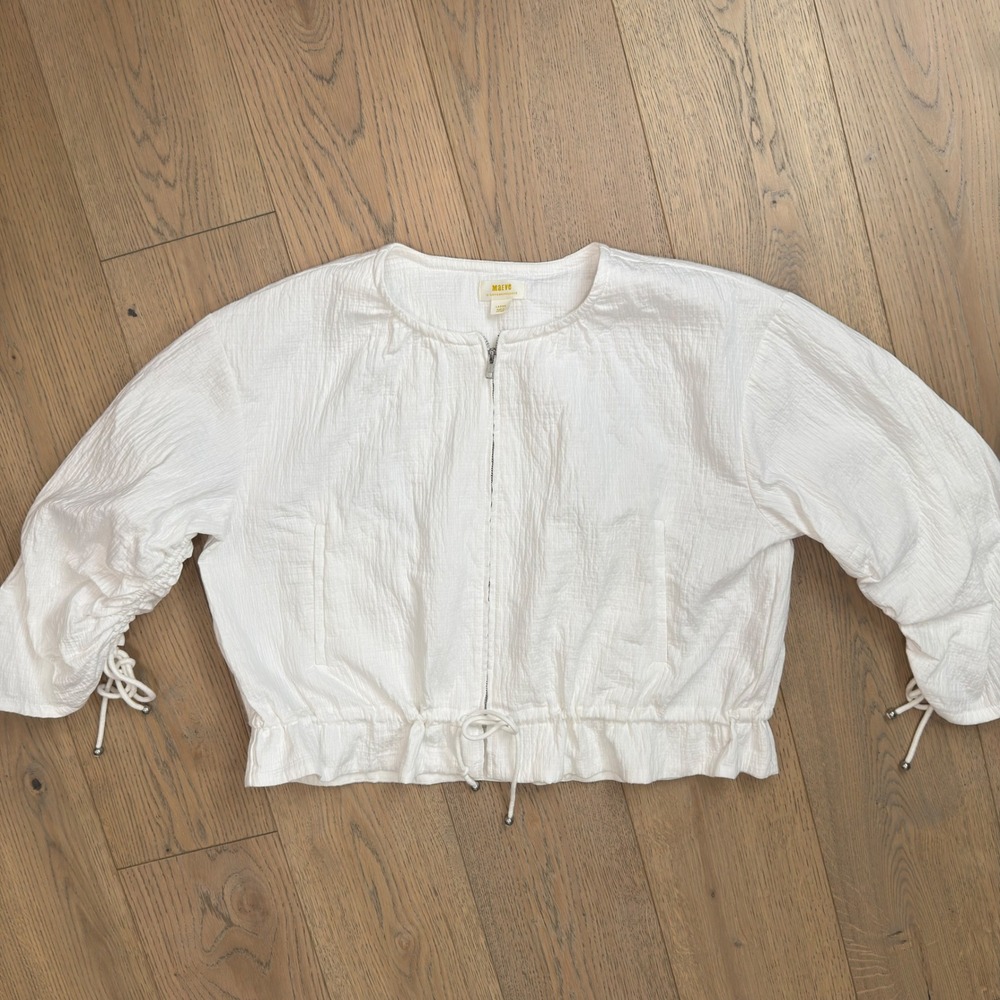 Maeve by Anthropologie Beach Parachute Bomber White Zip Front Jacket Large‎